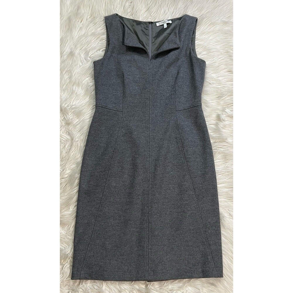 Max Mara Gray Split-Neck Shift Sheath Dress 100% Virgin Wool Lined SZ 44 US 10